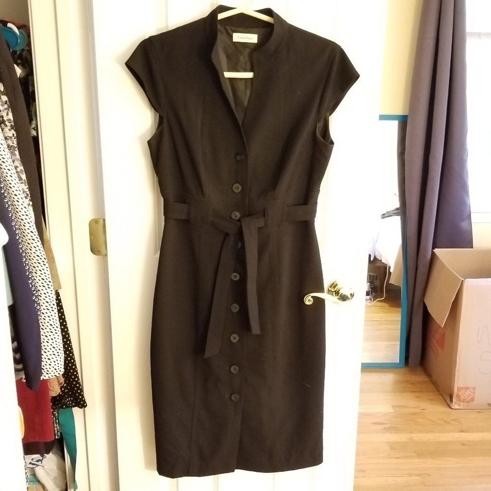 Black Belted Calvin Klein Button Up Dress